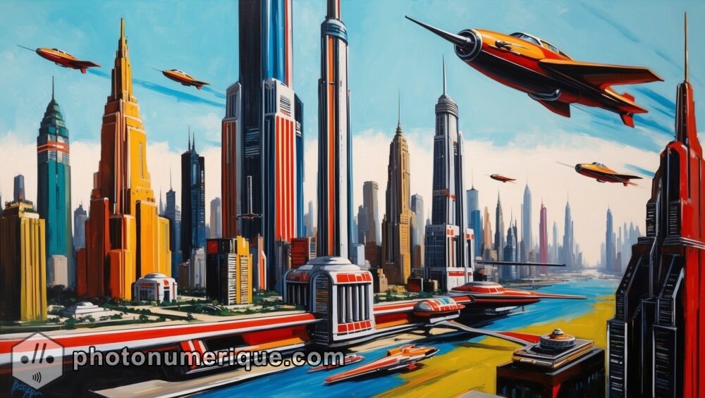 A retro-futuristic cityscape with towering skyscrapers and flying vehicles, reminiscent of 1950s sci-fi.