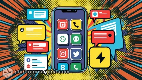 A Pop Art illustration of a smartphone in use, surrounded by notifications, apps, and social media icons.