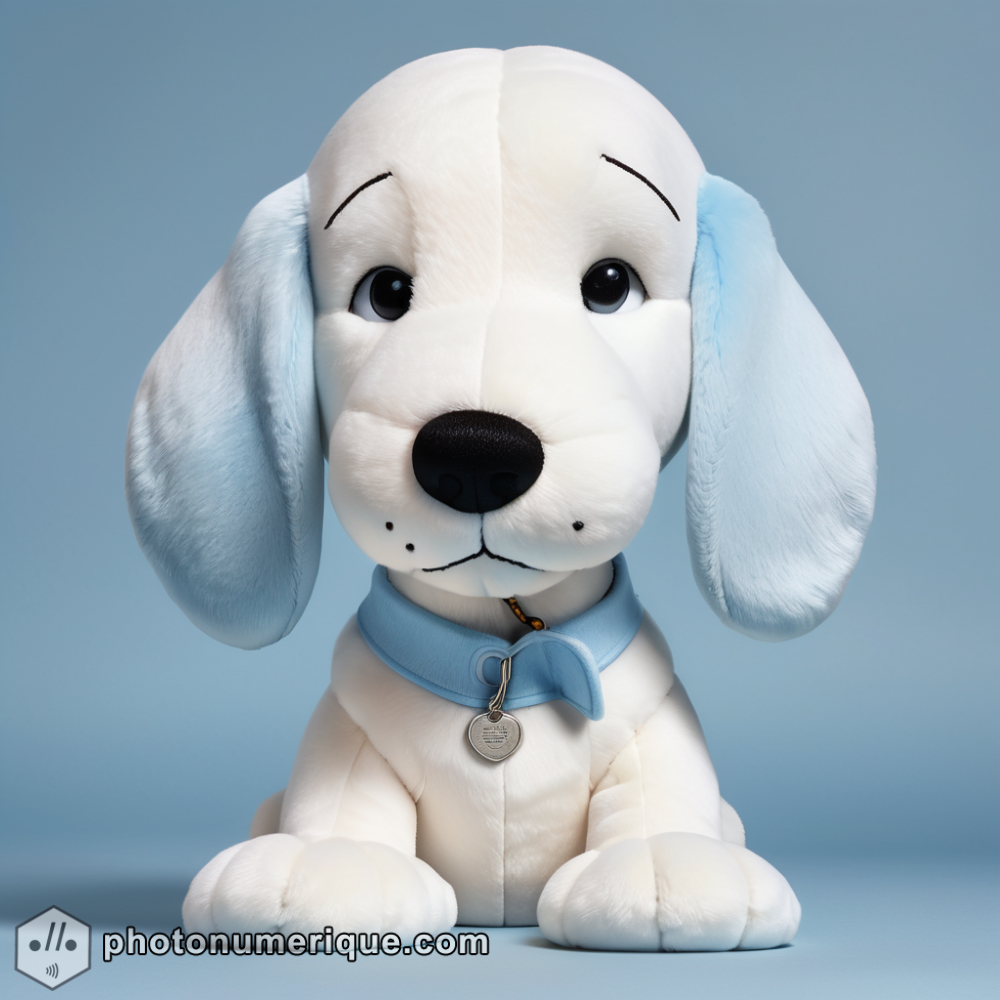 A hyperrealistic portrait of a plush Snoopy in a soft, pastel blue monochromatic color scheme.