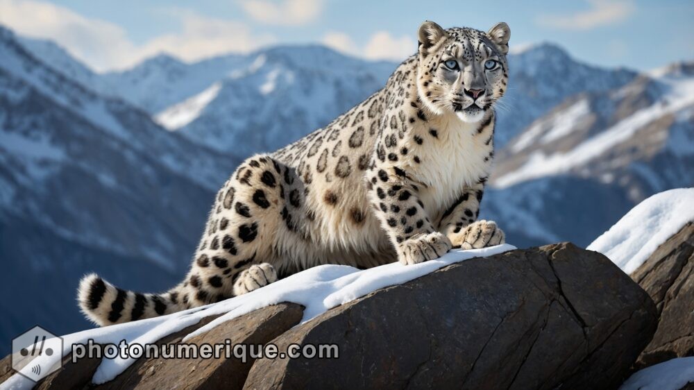 A hyperrealistic image of a snow leopard perched on a rocky ledge in the mountains.