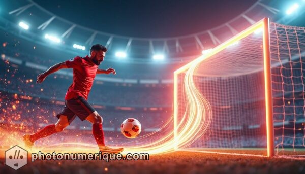 a hyperrealistic image of a soccer player kicking a ball in mid-air, with the motion of the kick traced in vibrant, swirling lines of light