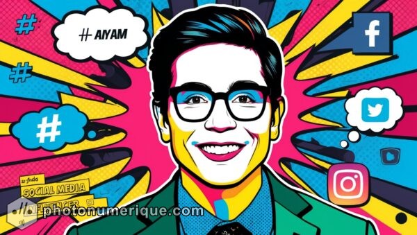 A stylized Pop Art portrait of a modern social media influencer, featuring bright, contrasting colors and bold outlines.