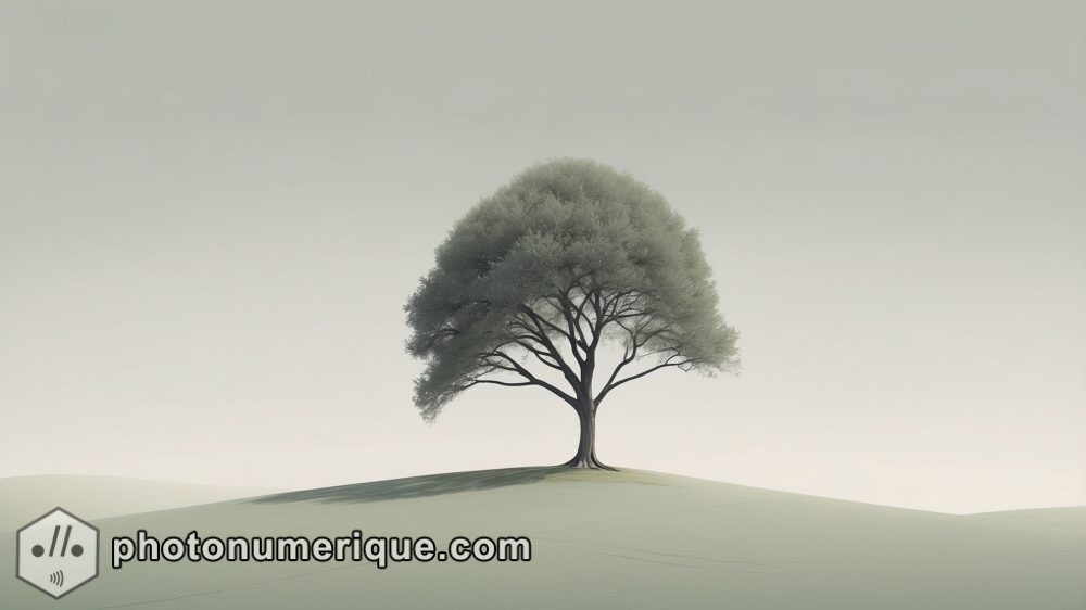 A single, stylized tree standing alone in a vast, open landscape.