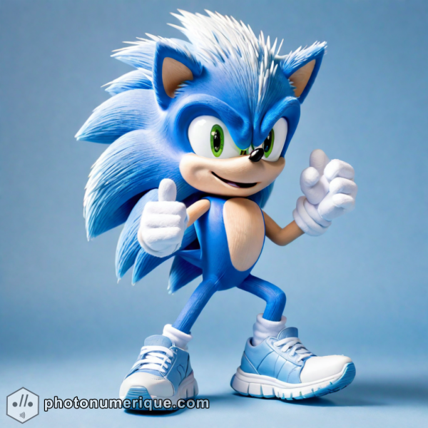 a hyperrealistic portrait of a plush Sonic the Hedgehog in a soft, pastel blue monochromatic color scheme.