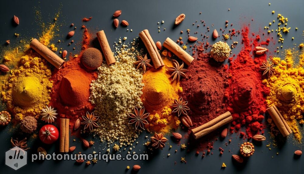 a dynamic, abstract image featuring an array of colorful spices in various forms—powders, seeds, and whole spices—scattered across a dark background.