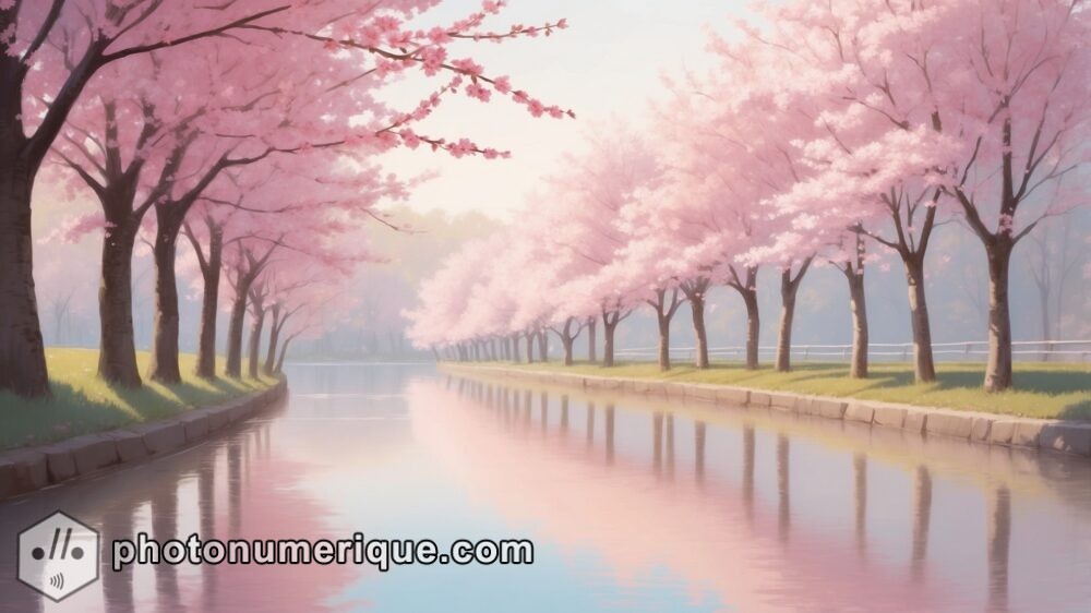 A row of cherry blossom trees in full bloom along a riverside.