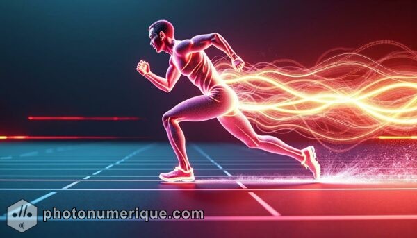 a hyperrealistic image of a sprinter in mid-stride, captured in dynamic motion using rotoscoping techniques.