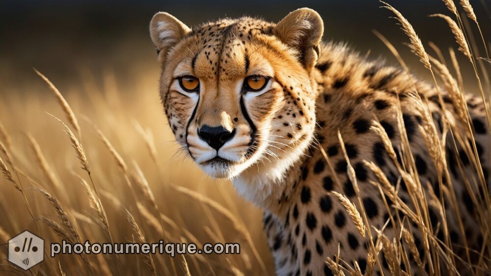 A hyperrealistic portrait of a cheetah stalking through tall, golden grass, focused intently on its prey.