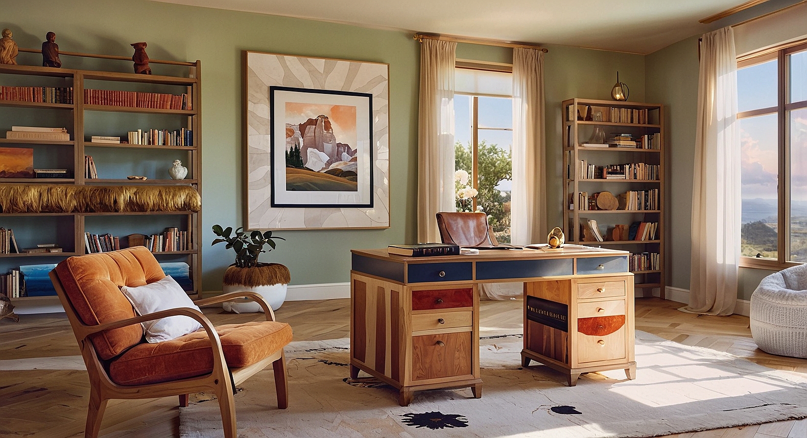 an image of a cozy study, featuring a large wooden desk, a comfortable reading chair, and shelves filled with books.