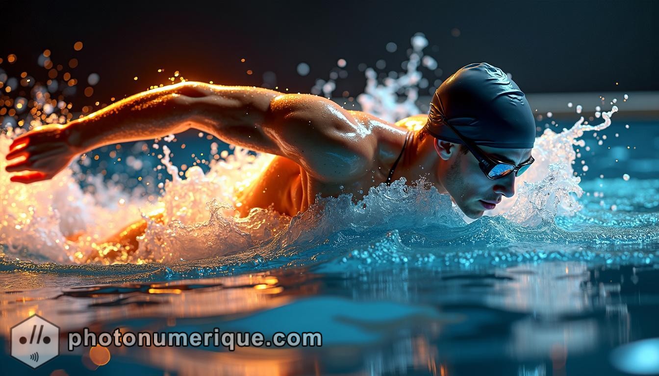 A hyperrealistic image of a swimmer mid-stroke, with the motion of the arms and legs captured in smooth, glowing lines of light that trace the movement through the water.