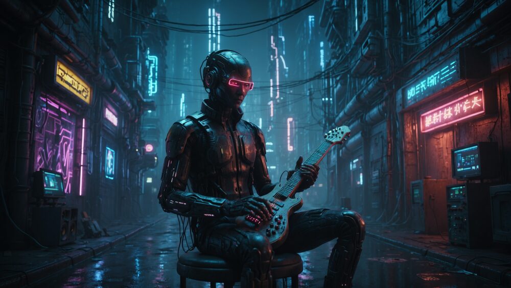 a cyberpunk artwork featuring a futuristic street performer playing an electric instrument under neon lights.