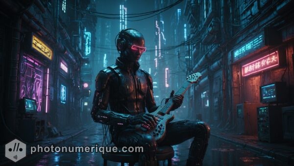 a cyberpunk artwork featuring a futuristic street performer playing an electric instrument under neon lights.