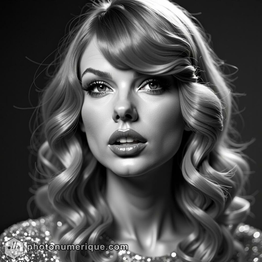 a hyperrealistic black-and-white portrait of Taylor Swift with a Harcourt Studio aesthetic.