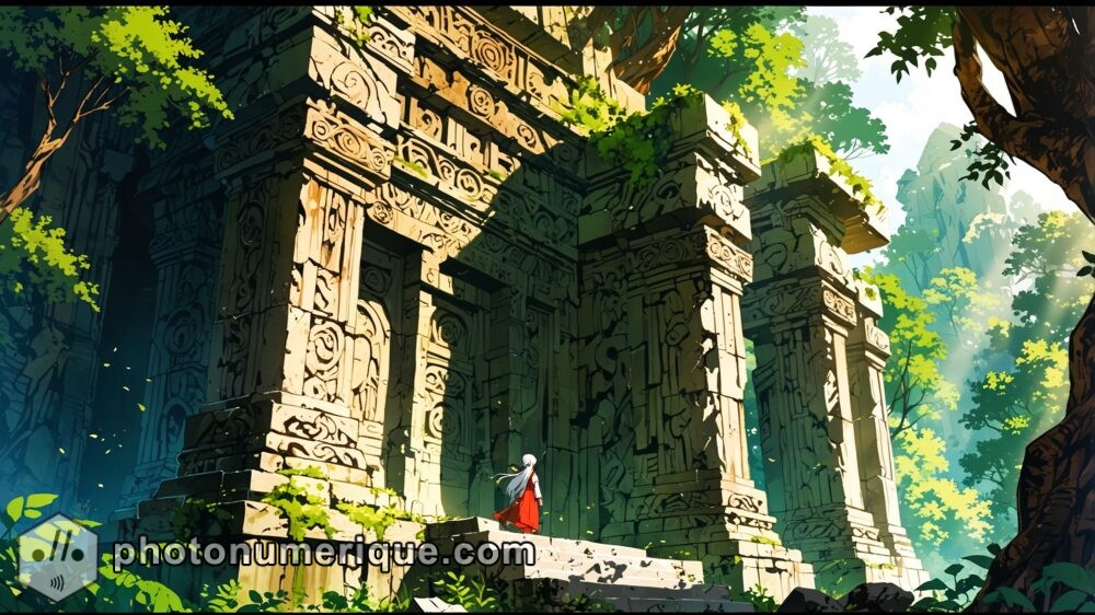 An ancient temple hidden deep within a jungle, radiating an aura of forgotten power.