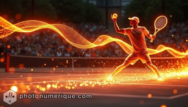 a hyperrealistic image of a tennis player serving, with the motion of the serve captured in glowing, curved lines of light that follow the path of the racket and the ball.