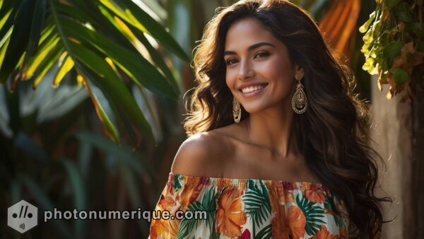 A hyperrealistic portrait of a beautiful Latin woman with a radiant smile and glowing, caramel-toned skin.