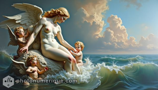 A reinterpretation of the classic Birth of Venus, rendered as a painting with the texture and depth of marble.