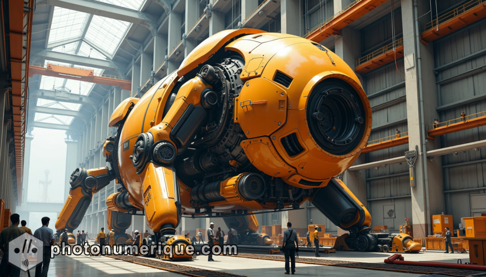 A detailed portrayal of a massive machine being assembled, with workers and robotic arms working together in harmony.