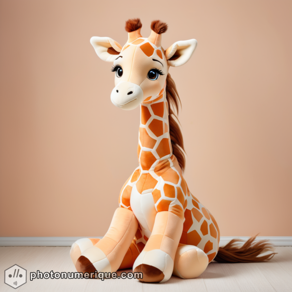 a hyperrealistic portrait of a plush giraffe in a gentle, pastel orange monochromatic color scheme.