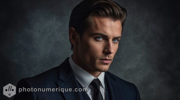 A hyperrealistic portrait of a classically handsome man with features reminiscent of Hollywood icons.