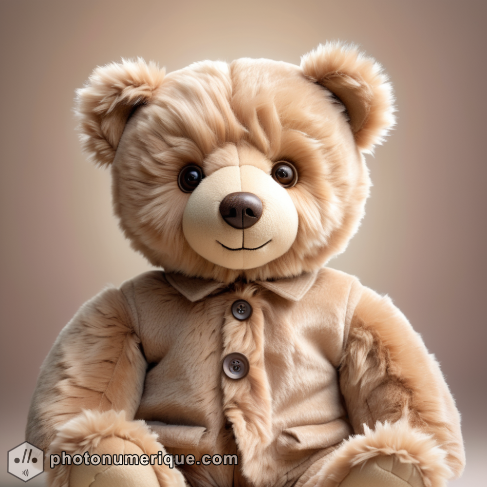 a hyperrealistic portrait of a soft, cuddly teddy bear in a gentle, pastel brown monochromatic color scheme.