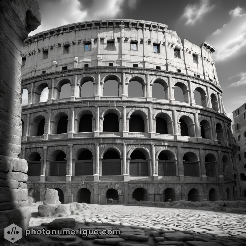 A hyperrealistic black-and-white portrait of the Colosseum in the vintage style.