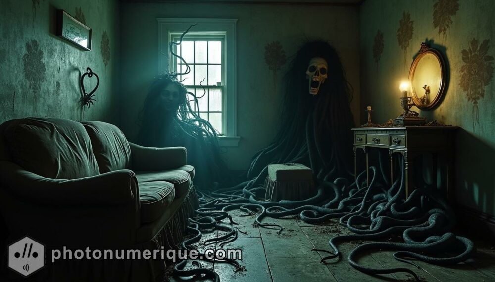 A hyperrealistic, disturbing scene of a decrepit house overtaken by a living, writhing mass of black tendrils and shadowy creatures.