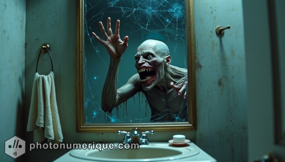 A hyperrealistic, terrifying scene of a dilapidated bathroom with a cracked, grimy mirror. 