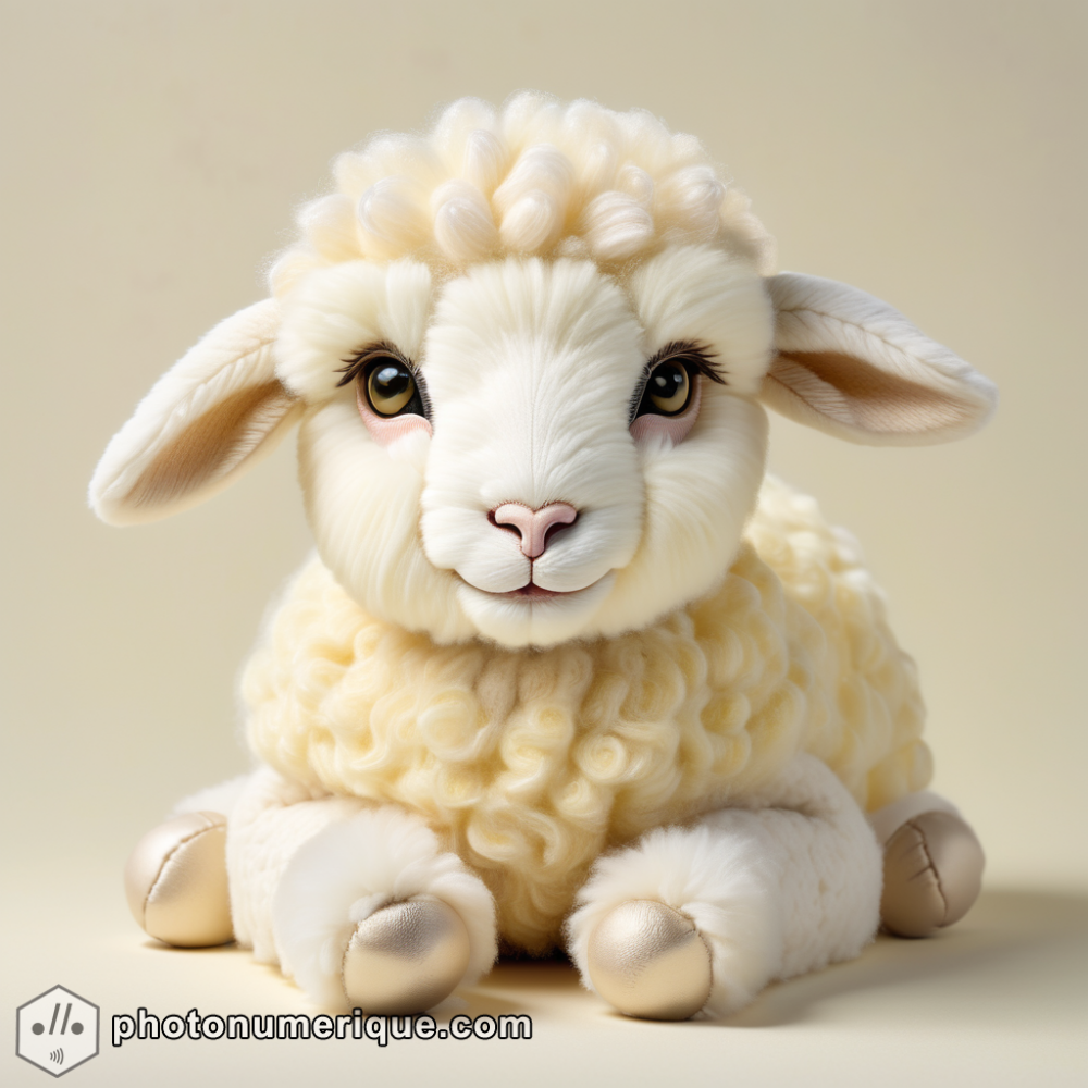 A hyperrealistic portrait of a plush lamb in a soft, pastel yellow monochromatic color scheme.