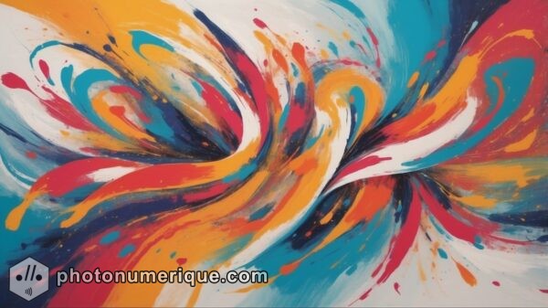 Figures dance and twirl across the canvas, their forms abstract and fluid, blending into the colorful, dynamic background.