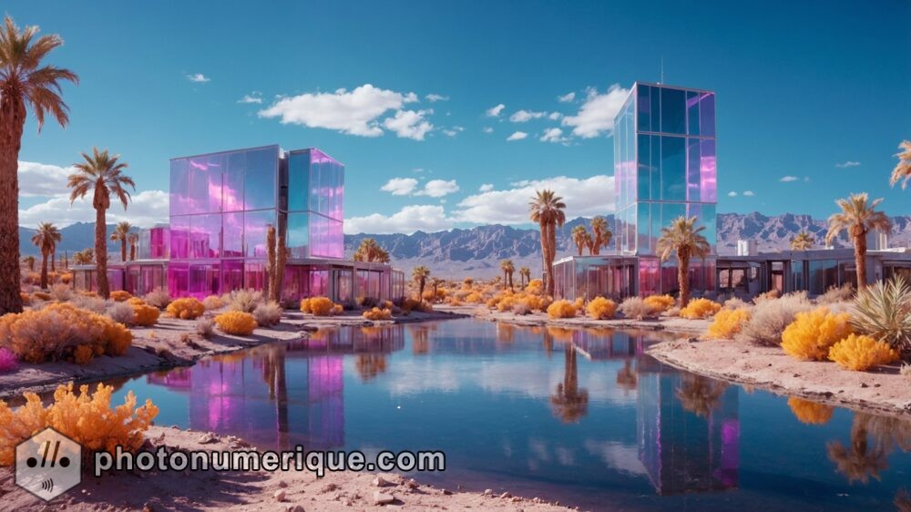 An image of a futuristic city built within a massive desert oasis