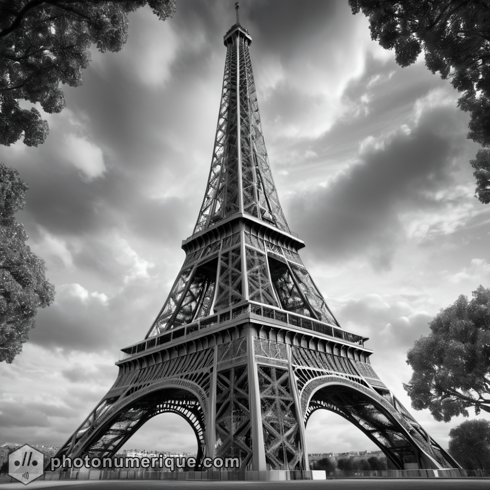 a hyperrealistic black-and-white portrait of the Eiffel Tower in the iconic Studio Harcourt style