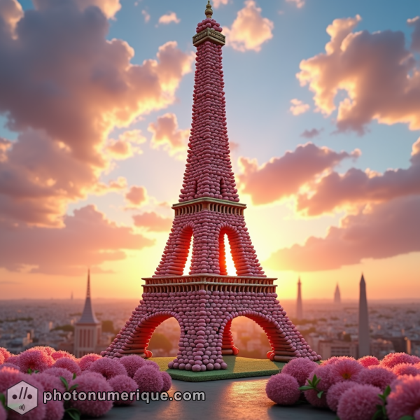 The Eiffel Tower in Paris is made entirely of colorful French, highly detailed round macarons with cream.