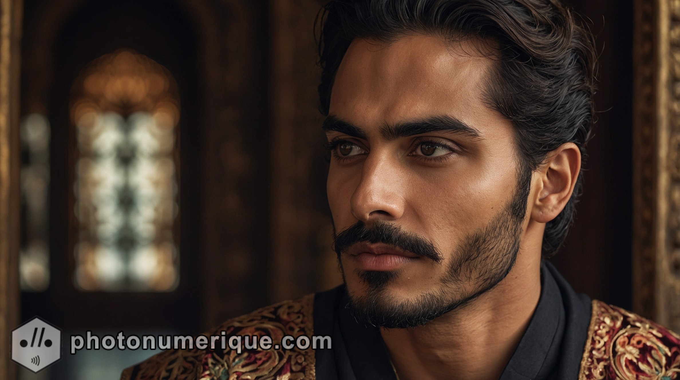 a hyperrealistic portrait of a handsome Middle Eastern man with olive-toned skin, dark, expressive eyes, and perfectly groomed facial hair.