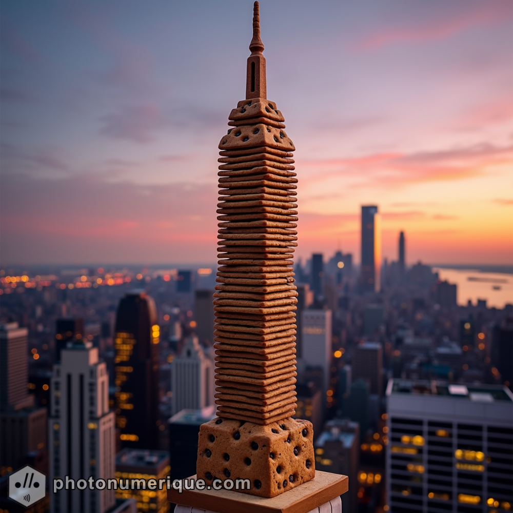 The Empire State Building in New York is made entirely of stacked chocolate chip cookies, carefully arranged to form the skyscraper’s recognizable silhouette.