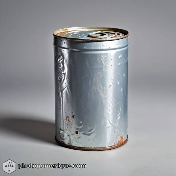 A hyperrealistic portrait of an empty, dented tin can.