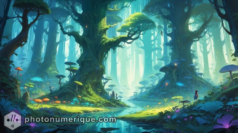 A mystical forest glowing with otherworldly light, home to ancient spirits and magical creatures.