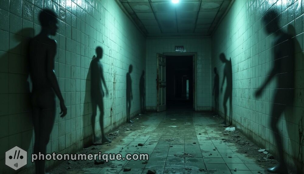 a hyperrealistic, nightmarish scene of a seemingly endless, dimly lit corridor in an old, decaying asylum.