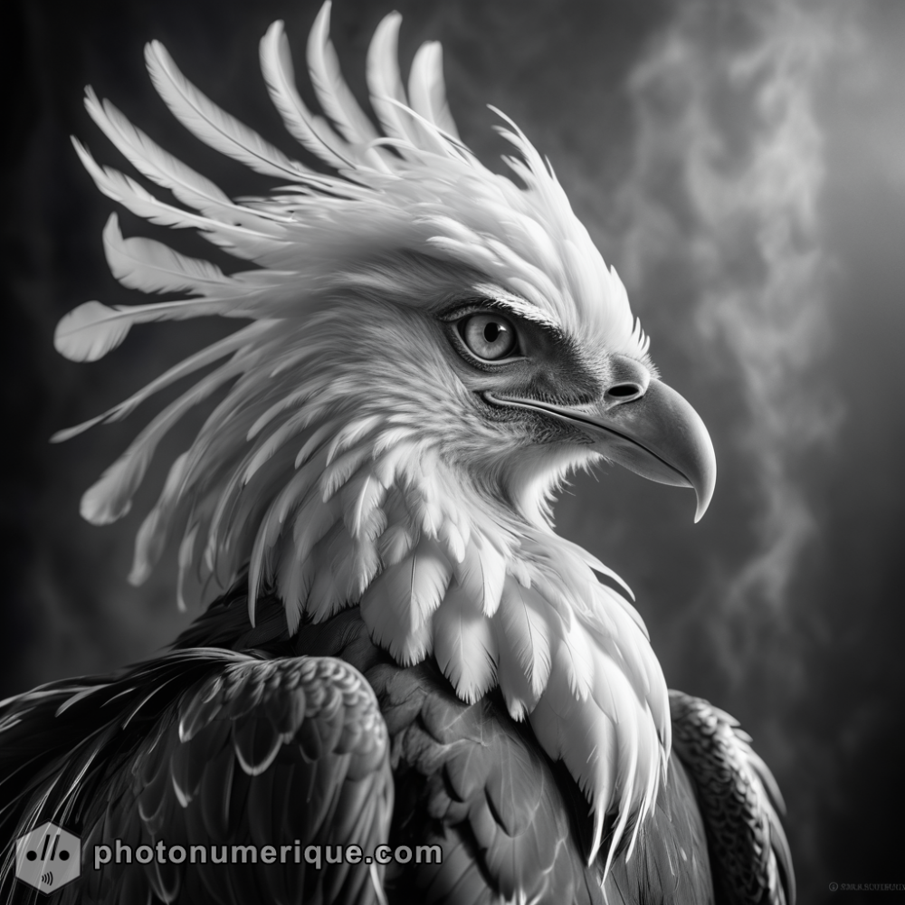 hyperrealistic black-and-white portrait of a reborn phoenix in the classic Studio Harcourt style