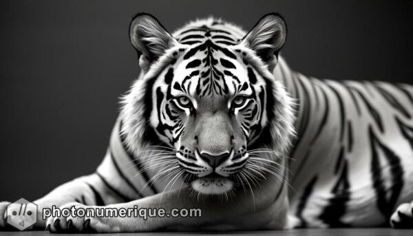 a striking black-and-white portrait of a tiger in Harcourt Studio style, capturing its intense, piercing eyes and sleek fur.