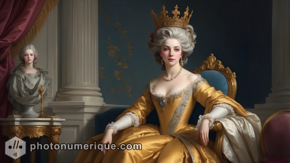 A regal portrait of a fictional monarch, rendered with the elegance and grace of Vigée Le Brun’s style.