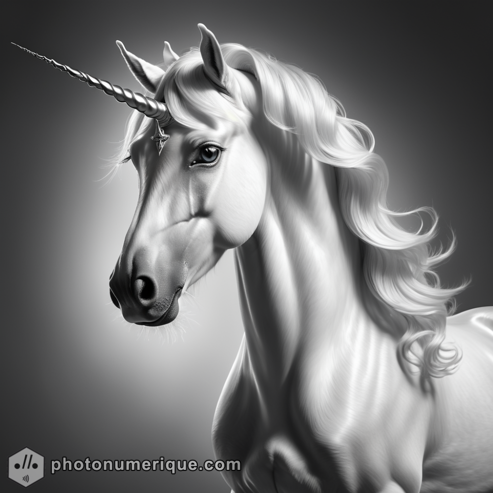 a hyperrealistic black-and-white portrait of a graceful unicorn in the refined Studio Harcourt style.