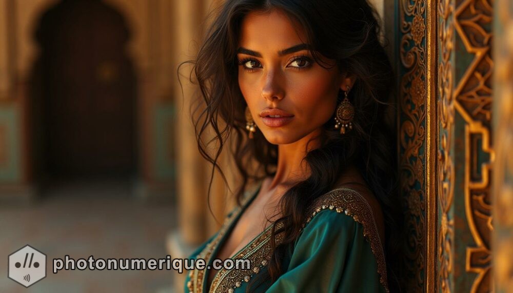 a hyperrealistic portrait of a captivating Middle Eastern woman with deep, almond-shaped eyes and richly textured hair.