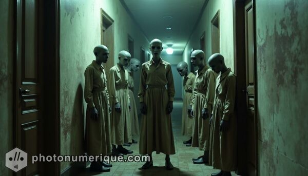 a hyperrealistic, nightmarish scene of a group of humanoid figures standing in a dimly lit, abandoned hallway.