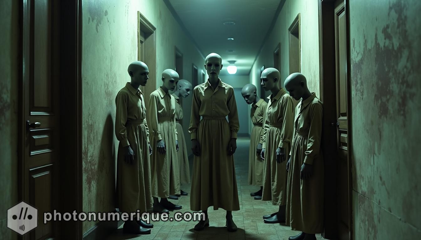 a hyperrealistic, nightmarish scene of a group of humanoid figures standing in a dimly lit, abandoned hallway.