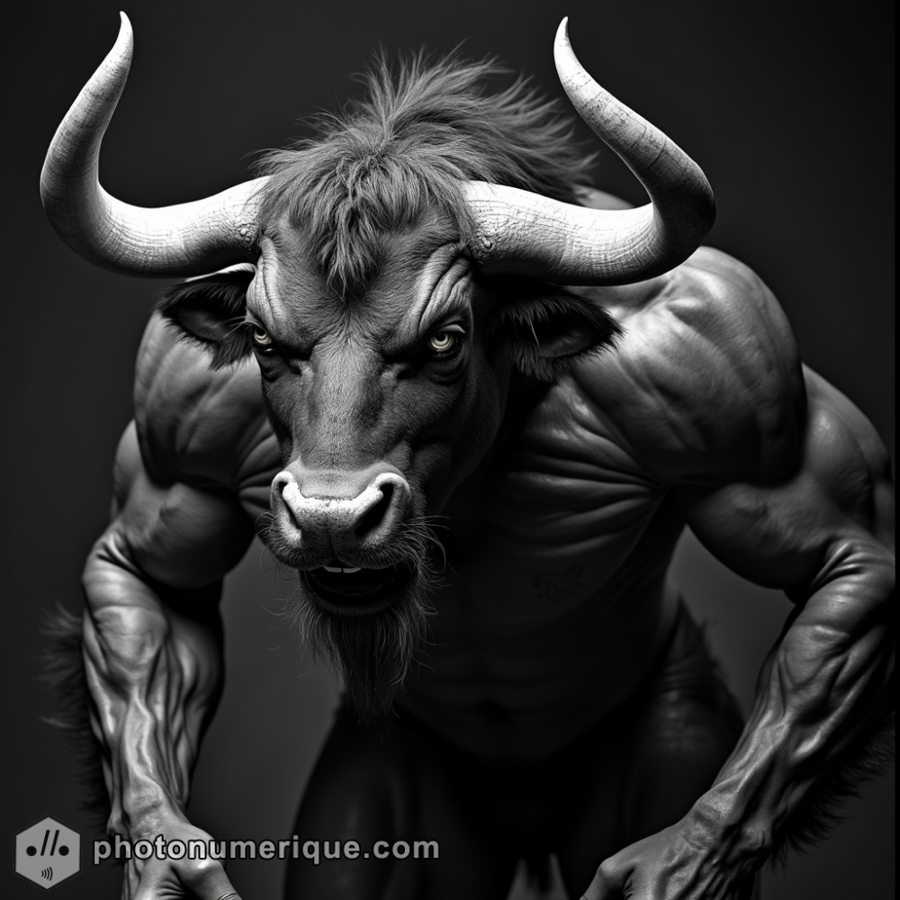 a hyperrealistic black-and-white portrait of a powerful minotaur in the classic Studio Harcourt style.