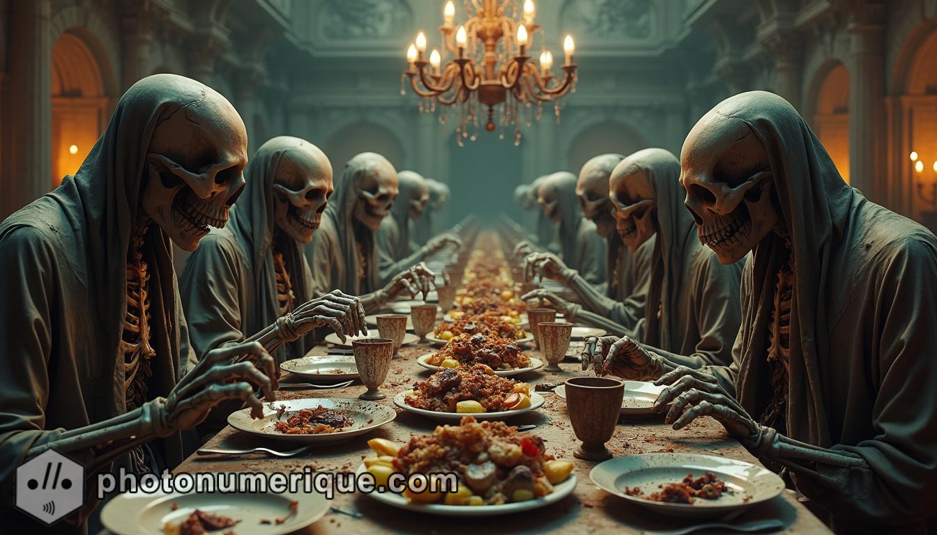 a hyperrealistic, grotesque scene of a long, decayed banquet table set in a grand, crumbling hall