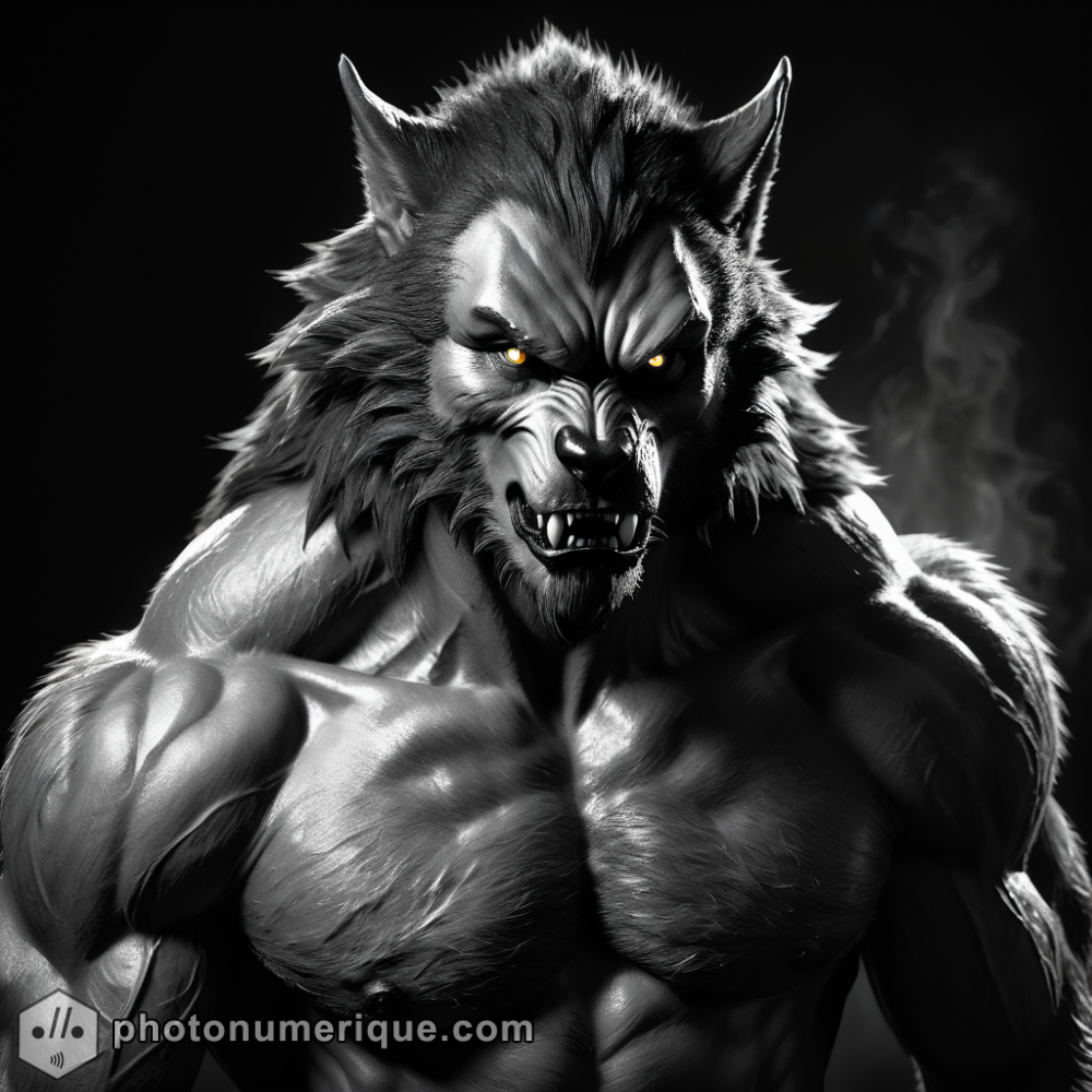 a hyperrealistic black-and-white portrait of a fearsome werewolf in the refined Studio Harcourt style.