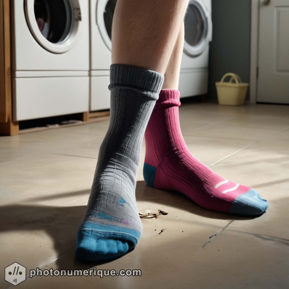 a hyperrealistic portrait of a single, mismatched sock.