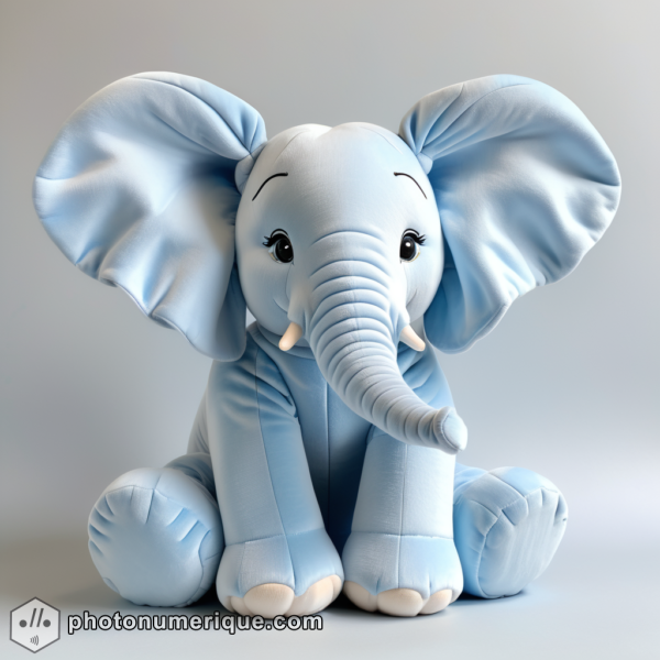 a hyperrealistic portrait of a plush elephant in a gentle, pastel blue monochromatic color scheme.